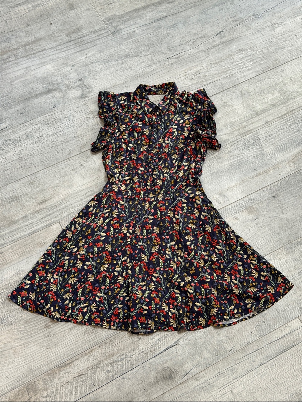 Zara Navy Floral Mini Romper with Flutter sleeves and pockets